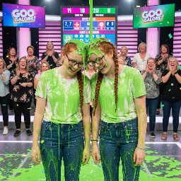 Two giggling young teens standing side-by-side, their heads tilted sideways toward each other and pressed firmly together at the temples. Their hair is gathered and merged at the point of contact to form the base of a single, shared braid. A single, thick braid is braided starting from the shared base between their heads, dangling straight down toward the floor with its free end hanging loose. No loose hairs are dangling out of the braid, with all hair gathered in the dhared braid in the middle. The bodies are fully facing the viewer with their eyes open wide. They have ginger hair, and one of them is wearing rectangular glasses.
