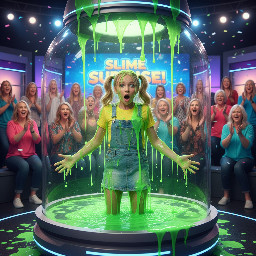 Youthful looking girl with blond hair in two high pigtail. Wearing short skirtall over yellow t shirt. Seems surprised. Hands besides her body.