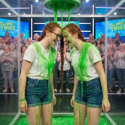 Two giggling young teens standing side-by-side, their heads tilted sideways toward each other and pressed firmly together at the temples. Their hair is gathered and merged at the point of contact to form the base of a single, shared braid. A single, thick braid is braided starting from the shared base between their heads, dangling straight down toward the floor with its free end hanging loose. No loose hairs are dangling out of the braid, with all hair gathered in the dhared braid in the middle. The bodies are fully facing the viewer with their eyes open wide. They have ginger hair, and one of them is wearing rectangular glasses.
