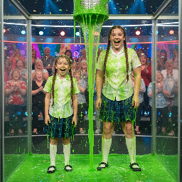 Two middle school girls wearing a summer british school uniform (no blaizer). One has a childish figure and the other a more developed one. Each has her brown lush hair is in two braids and her mouths is partly open in laughing surprise. Photorealistic.
