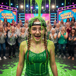 Young teen girl with dirty-blond hair in two chin-level short braids, wearing glasses and an antiquated orthodontic headgear. She is wearing a green spagetti strap top. Close up.