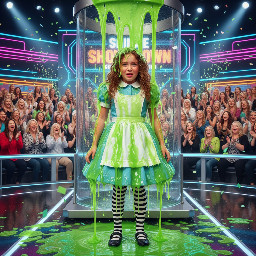 A young girl with brown hair dressed like alice in wonderland from the books version, looking slightly disgusted, embarrassed and surprised from the gunge.