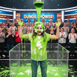 Girl with braces. A large amount of whipped cream smeared in a messy uneven way allover her face and hair.