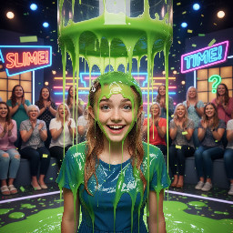 Teen girl with small chin, large eyes, larger than average ears and honey blond hair that is clipped half-up-half-down, wearing a blue dress. Giggling in a shy manner with mouth partly open, looking directly at viewer.