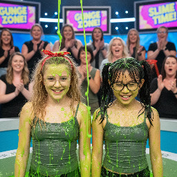 Two tween girls. One with long sandy-blond hair worn with a childish red bandana. The other with black straight hair in high pigtails. Both wearing tight grey spagetti strap shirts. Both wearing glasses (one with thin frames and the other with plastic frames). Playful shy smiles with mouth partly open. Photorealistic medium shot.