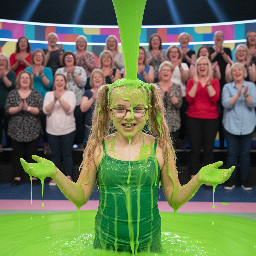 Tween with long sandy-blond wavy hair in high pigtails. Wearing tight green spagetti strap shirt. Has glasses with rectangular small frames. Playful shy smile with mouth partly open. Hands away from head. Photorealistic medium shot.