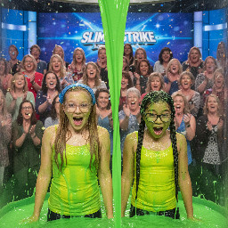 Two tween girls. One with long sandy-blond hair covered with an elastic blue bandana. The other white with black hair in two pigtail braids. Both wearing yellow spagetti strap shirts. Both wearing glasses (one with thin frames and the other with plastic frames). Mouths open in playful surprise. Photorealistic.