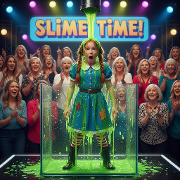 Tween girl with naturally ginger hair dressed as pippi longstocking, surprised by the gunge