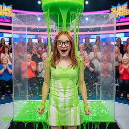A young tween girl. She has neck-level straight copper-ginger hair. She has glasses as well as braces. She has sharp facial features, hazel eyes and a heart shaped face dotted with freckles. She is wearing a short skirt and a white spagetti strap shirt. She has here mouth open in playful surprise and her fists are clenched. Photorealistic.