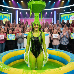 girl in a black shiny one-piece swimsuit in an inflatable gunge tank :-)