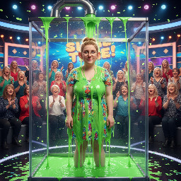 Young girl with oval face, prominent nose and ears and honey blond hair worn half-up-half-down, wearing glasses and a dress. Slightly curvy. Has hands to sides at pelvis level.