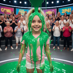 Closeup of young girl with oval face, large expressive eyes, ample blond hair and pale skin. Wearing a light pink t shirt and white shorts. Is smiling widely.