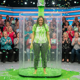 A 21 year old woman wearing grey sweatpants and a white polo shirt. She is barefoot