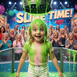 Closeup of young girl with oval face, large expressive eyes, ample blond hair and pale skin. Wearing a light pink t shirt and white shorts. Is smiling widely.