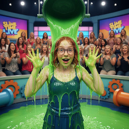 A young tween girl. She has short (above neck) wavy-straight copper-ginger hair. She has glasses as well as braces. She has sharp jawline, wide nose, large blue eyes and a very pale face heavily dotted with very prominent freckles. She is wearing a short skirt and a blue spagetti strap shirt. She has here mouth open in mid-sentence and hands besides her head. Close up.