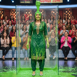 kareena kapoor wearing salwar kameez and high heels gets a large amount of gunge all over her hair and outfit only.
