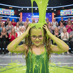 Young tween with long dirty-blond wavy hair in high pigtails. Wearing green spagetti strap shirt. Has glasses with rectangular small frames. Playful shy smile. Hands besides head. Photorealistic closeup.