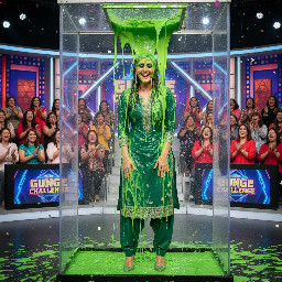 kareena kapoor wearing salwar kameez and high heels gets a large amount of gunge all over her hair and outfit only.