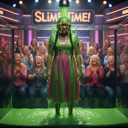 South asian teen girl with hair in two braids. Has glasses. Wearing a flowing knee-length pink dress. Seems disgusted by slime. Hands besides her body.