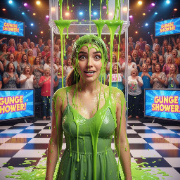 Teen girl with strong jaw, large eyes and hazel-brown hair in a half-up ponytail, wearing a light green dress with spagetti straps. Mouth partly open showing braces, looking directly at viewer.