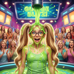 Young tween with very long blond hair in high pigtails. Wearing light green spagetti strap shirt. Has glasses. Mouth partly open.