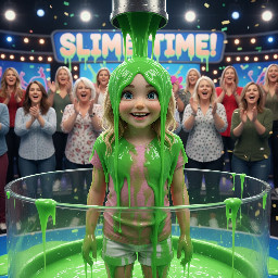 Closeup of young girl with oval face, large expressive eyes, ample blond hair and pale skin. Wearing a light pink t shirt and white shorts. Is smiling widely.