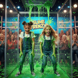 Two young tween girls. One has brown hair in two high hair buns. The other has flowing blond hair. Both are laughing in surprise.