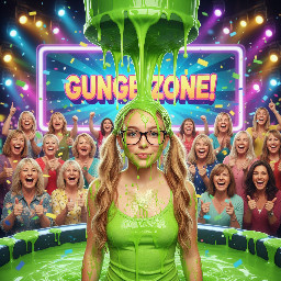 Young teen with very long blond wavy hair in high pigtails. Wearing green spagetti strap shirt. Has glasses with rectangular medium sized frames. Mouth partly open in playful surprise. Photorealistic.