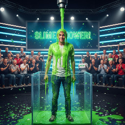 Rob, 21-year-old with blonde hair and blue eyes covered in thick gloopy brown gunge.