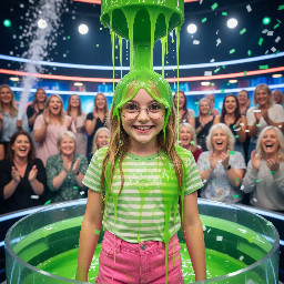 Closeup of young girl with glasses, large expressive eyes, ample blond hair and pale skin. Wearing a light green stripped t shirt and pink shorts. Is smiling widely. Photorealistic.