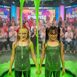 Two tween girls. One with long sandy-blond hair worn with a childish red bandana. The other with black straight hair in high pigtails. Both wearing tight grey spagetti strap shirts. Both wearing glasses (one with thin frames and the other with plastic frames). Playful shy smiles with mouth partly open. Holding hands tightly. Photorealistic medium shot.