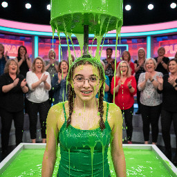 Young teen girl with mouse-brown hair in two short braids, wearing glasses and a prominent orthodontic headgear. She is wearing a green spagetti strap top. Close up.