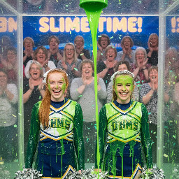 Two middle school cheerleaders,. Both have their hair in tight ponytail tied with ribbon and held. One has straight ginger hair, the other light brown hair. Looking directly at viewer, with giggling little smiles. Close shot.