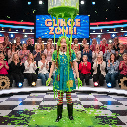 Tween girl with naturally ginger hair dressed as pippi longstocking, surprised by the gunge