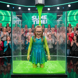 Tween cute girl with small chin, larger than average ears and honey blond hair that is clipped half-up-half-down, wearing a spandex dress and having glasses. Giggling in a shy manner with mouth partly open.