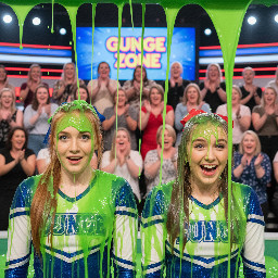Two 18 year old cheerleaders, their hair in ponytail tied with ribbon. One has straight ginger hair, the other light brown hair. Looking directly at viewer. Medium close shot.
