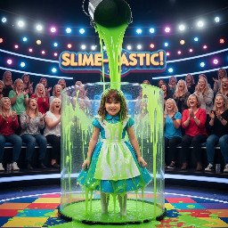 A young girl with brown hair dressed like alice in wonderland from the books version, looking slightly disgusted, embarrassed and surprised from the gunge.
