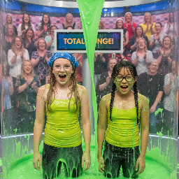 Two tween girls. One with long sandy-blond hair covered with an elastic blue bandana. The other white with black hair in two pigtail braids. Both wearing yellow spagetti strap shirts. Both wearing glasses (one with thin frames and the other with plastic frames). Mouths open in playful surprise. Photorealistic.