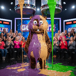 A 24 year old woman in a beaver costume appears shocked as from above dumps thick-like batter fluffy heavy gooey velvety purple pancake batter thickly oozes onto her head forehead face so thick it hides completely her hair face nose lips chin shoulders and chest, the camera remains fixed as gallons of super-thick thick gooey shiny velvety tan pancake batter completely covers her hair eyes nose lips chin chest, she nods her head slightly up and down to let the super-thick gooey velvety purple pancake batter ooze and cover her hair eyes nose lips chin chest, then she returns her chin level with the camera as the thick fluffy batter continues to slowly ooze and pour covering her hair eyes nose lips chin chest, her eyes remain closed as the thick gooey purple pancake batter clings to her completely covering her hair forehead eyes nose lips chin chest