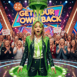 close up, singer sabrina carpenter dressed as businesswoman, slimed on get your own back