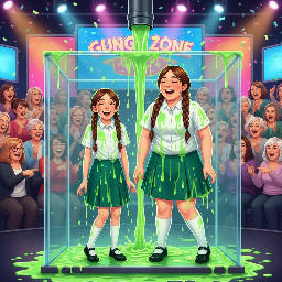 Two middle school girls wearing a summer british school uniform (no blaizer). One has a childish figure and the other a more developed one. Each has her brown lush hair is in two braids and her mouths is partly open in laughing surprise.