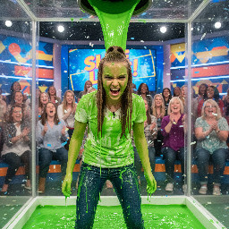 Youthful looking teen with small fountain ponytail on top of the head, remainder of hair loose and straight. Looking playfully angry. Photo from slightly high angle.