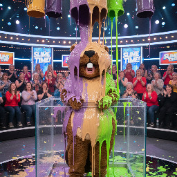 A 24 year old woman in a beaver costume appears shocked as from above dumps thick-like batter fluffy heavy gooey velvety purple pancake batter thickly oozes onto her head forehead face so thick it hides completely her hair face nose lips chin shoulders and chest, the camera remains fixed as gallons of super-thick thick gooey shiny velvety tan pancake batter completely covers her hair eyes nose lips chin chest, she nods her head slightly up and down to let the super-thick gooey velvety purple pancake batter ooze and cover her hair eyes nose lips chin chest, then she returns her chin level with the camera as the thick fluffy batter continues to slowly ooze and pour covering her hair eyes nose lips chin chest, her eyes remain closed as the thick gooey purple pancake batter clings to her completely covering her hair forehead eyes nose lips chin chest