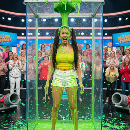 Teen girl with south-european skin and long straight black hair in two jumpy high pigtails (not braided). She is wearing a yellow spagetti top and white shorts. Her posture is disgusted by the gunge..