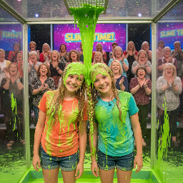Two smiling tweens standing side-by-side, their heads tilted sideways toward each other and pressed firmly together at the temples. Their long hair is gathered and merged at the point of contact to form the base of a single, shared braid. A single, thick braid is braided starting from the shared base between their heads, dangling straight down toward the floor with its free end hanging loose. The bodies are fully facing the viewer with their eyes open wide..