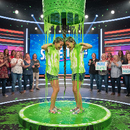 Two tween girls standing side-by-side, their heads tilted sideways toward each other and pressed firmly together at the temples. Their long hair is tightly gathered and merged at the point of contact to form the base of a single, shared braid. A single, thick braid is braided starting from the shared base between their heads, dangling straight down toward the floor with its free end hanging loose. The bodies are fully facing the viewer.
