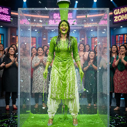 kareena kapoor wearing salwar kameez and high heels gets a large amount of gunge all over her hair and outfit only.
