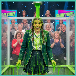 High school girl wearing a traditional school uniform. Her brown haur is in two braids and her mouths is open in laughing surprise.