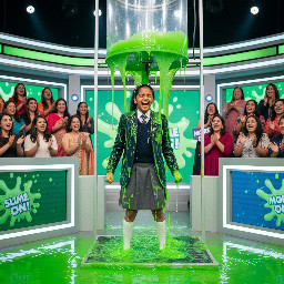 South asian girl with dark skin and hair in tight ponytail wearing a knee length school skirt, long socks and a school blazer. She is wearing a thin metalic hair band shaped like cat ears. Her body is tensed. She is laughing.