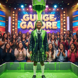 South indian girl with dark skin. Her black hair is in a tight ponytail and she is wearing a knee length school skirt, long socks and a school blazer. She is wearing a thin metalic hair band shaped like cat ears. She is standing straight. She is laughing.